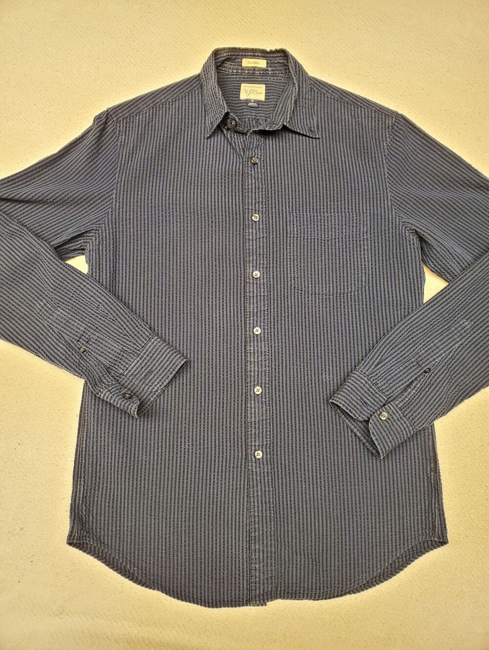 J Crew Sewn for J Crew Seersucker Shirt Small Navy Striped Button Down Cotton